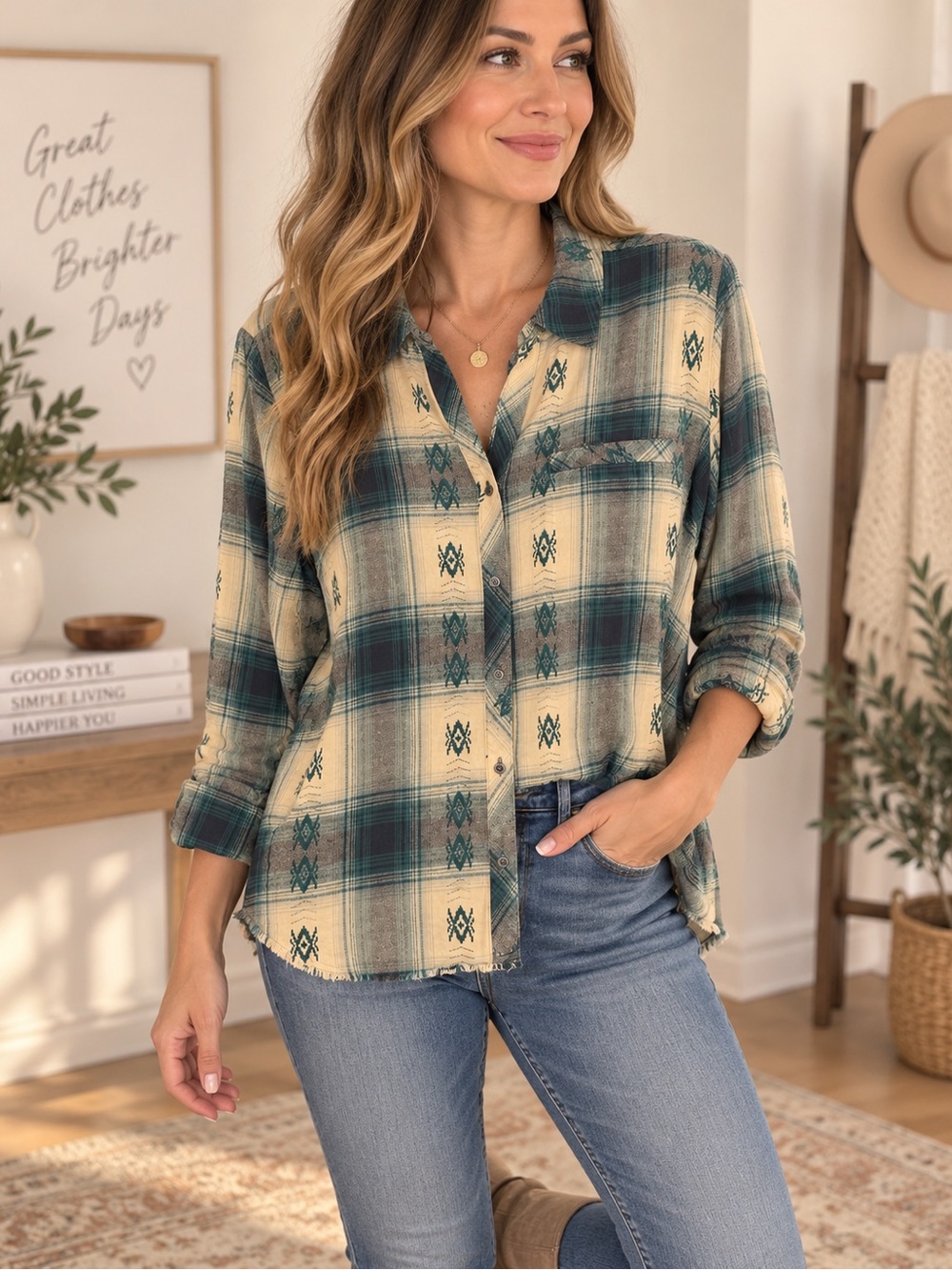 NWT Plus Size 2X Plaid Southwestern Cotton Button Down Shirt Frayed Hem